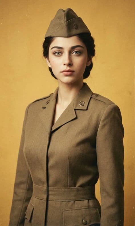 Vintage film portrait of a woman in a tailored khaki military uniform with brass buttons