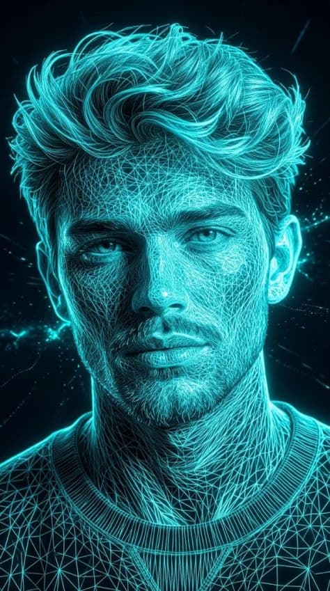 Half-body portrait of a futuristic subject illuminated by electric violet and teal neon light