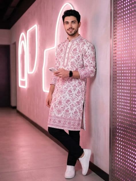 Three-quarter portrait of handsome man leaning against wall with magenta and cyan neon rim light