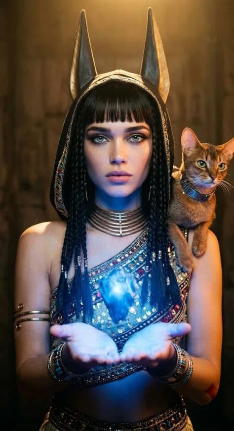 Intense close-up portrait of a woman in an Anubis-inspired hooded costume with gold trim