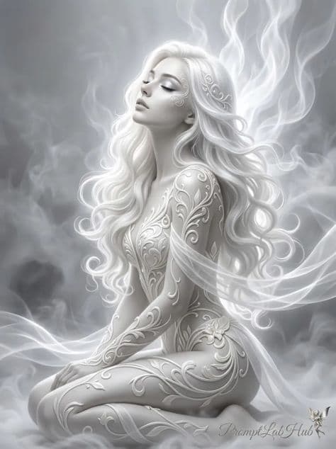Ethereal goddess in flowing drapery illuminated by silver monochrome rim lighting