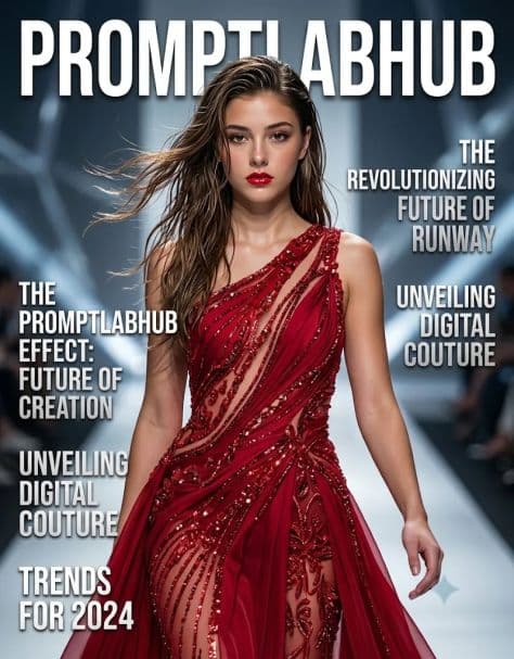 High-fashion model walking in motion down a brightly lit runway for a magazine cover