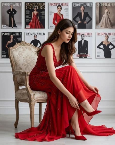 Glamorous woman with curly hair seated on an antique chair putting on high heels in studio