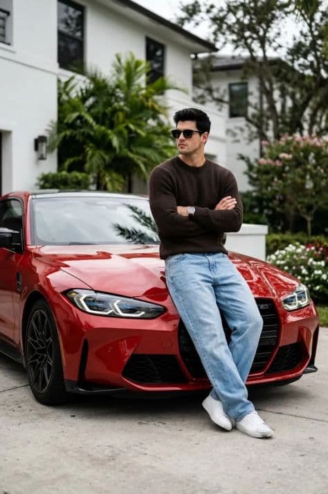 Stylish man in dark knit sweater leaning against a red BMW M4 on a sunny driveway