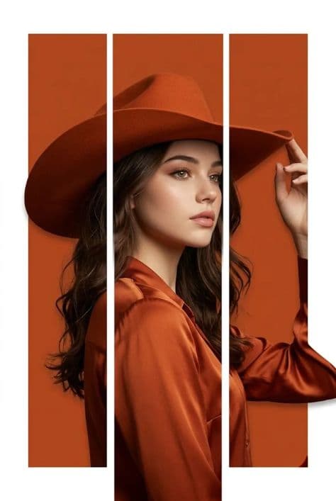 High-fashion poster of a woman in an oversized hat across three burnt-orange panels