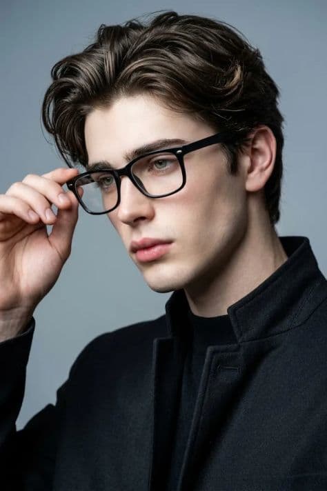 Young man wearing black rectangular eyeglasses and a charcoal sweater in warm studio light