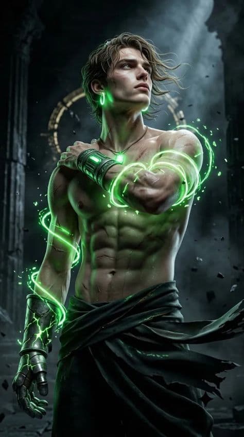 Low-angle dramatic portrait of a muscular fantasy warrior wearing heavy steel gauntlets