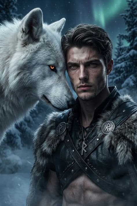 Rugged Nordic warrior in fur armor standing alongside a giant white direwolf in the snow