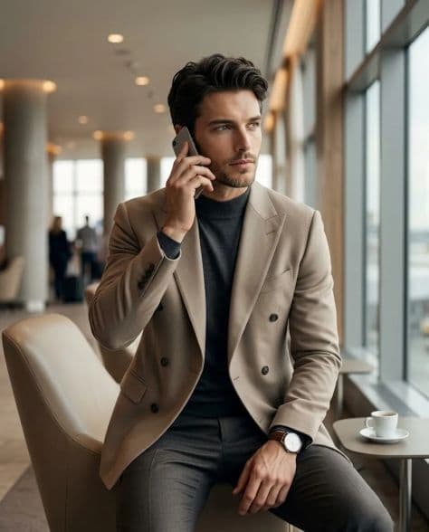 Distinguished businessman in a bespoke charcoal suit illuminated by sharp studio rim light