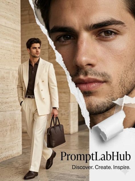 Physical torn-paper fashion spread showing dual views of a man in Italian tailoring