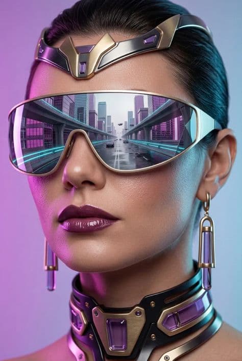 Extreme close-up portrait of a woman with chrome facial details and radiant glass skin