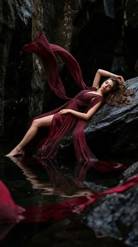 Dancer suspended weightlessly in midair enveloped in flowing crimson and black billowing silk fabric