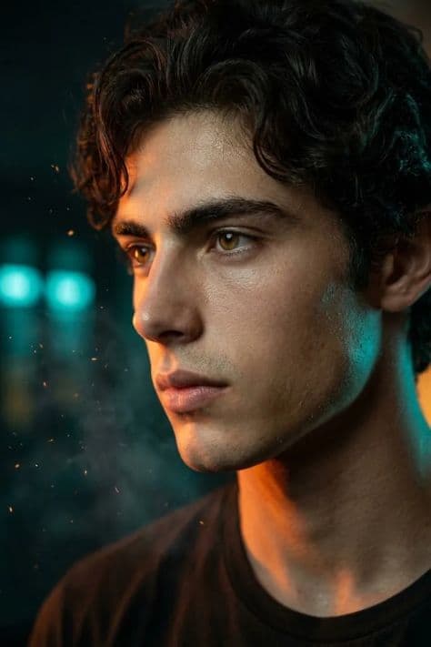Close-up profile studio portrait with intense orange key lighting on face and saturated teal rim light