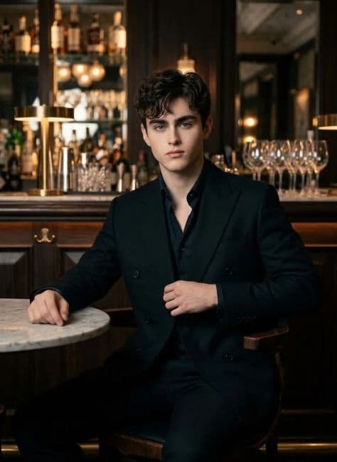 Confident man in a black double-breasted suit seated at a marble table in an upscale evening restaurant
