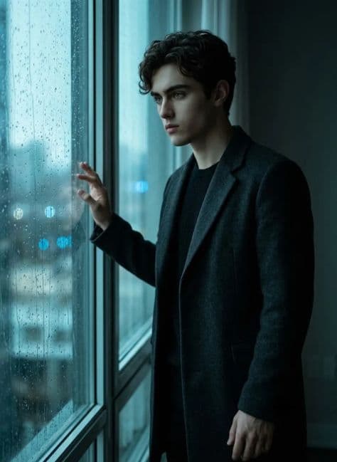 Man looking out through a rain-streaked window in a moody dim room with running water droplets