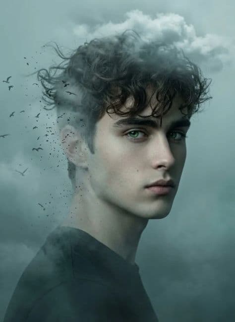 Surreal portrait of a man with half of his face dissolving into freezing mist and airborne ice shards