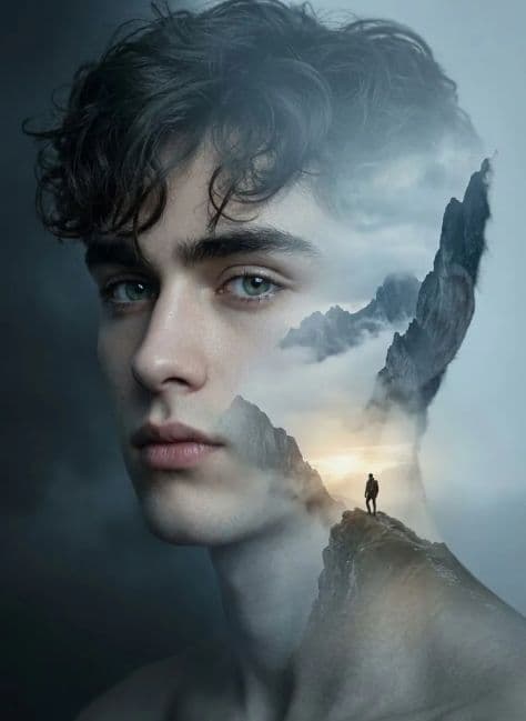 Moody double exposure portrait merging a studio face with an illuminated nocturnal city skyline
