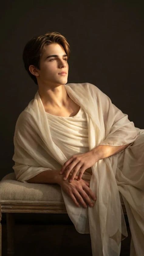 Serene woman reclining on an upholstered chaise in flowing draped cream silk illuminated by soft window light