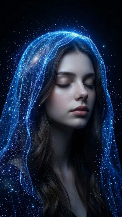Fine art portrait of a woman beneath an ethereal glowing stardust veil emerging from dark shadow