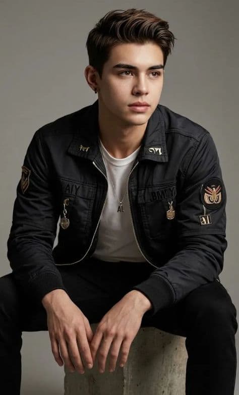 Distinguished middle-aged man seated on a studio block in a thoughtful editorial fashion pose