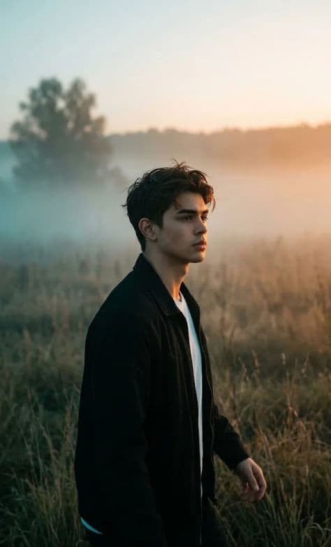 Young man walking through a wild grassy field at dawn with warm sunrise haze and 35mm film texture
