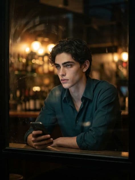 Moody portrait of a man in a teal shirt at a cocktail bar counter illuminated by a smartphone screen