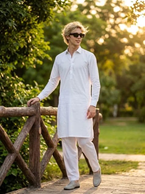 Cinematic golden hour portrait of a man in white traditional attire in a lush green park at sunset