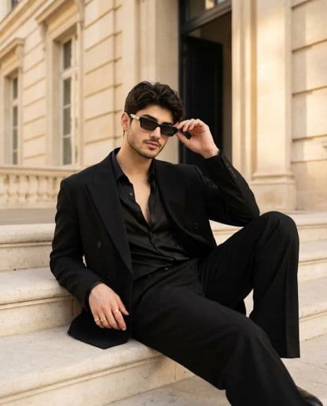 A refined editorial portrait of a poised man in quiet pause on broad under cinematic lighting.
