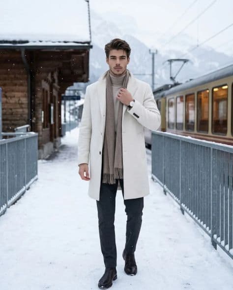 A refined editorial portrait of a poised man in quiet arrival snow-covered alpine under cinematic lighting.