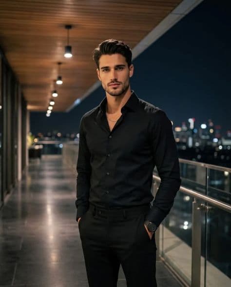 A refined editorial portrait of a poised man in cinematic studio setting under cinematic lighting.