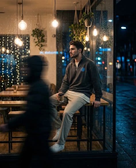 A refined editorial portrait of a poised man in cinematic studio setting under cinematic lighting.