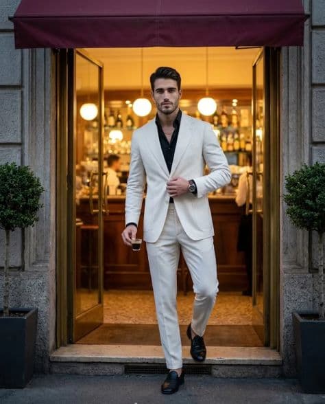 A refined editorial portrait of a poised man in entrance elegant old-world café under cinematic lighting.