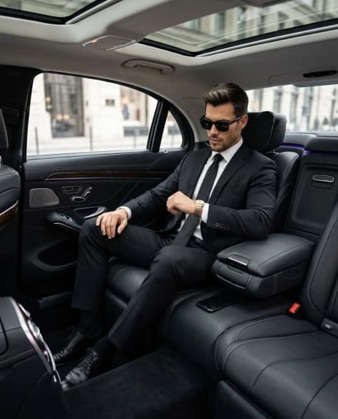 A refined editorial portrait of a poised man in spacious rear cabin premium under cinematic lighting.