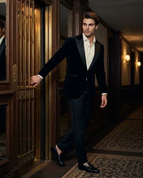 A refined editorial portrait of a poised man in exact moment he steps under cinematic lighting.