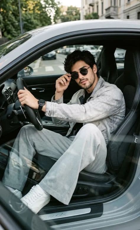 A driver sitting behind the wheel inside a sleek sports car cockpit with red stitching and carbon fiber trim.