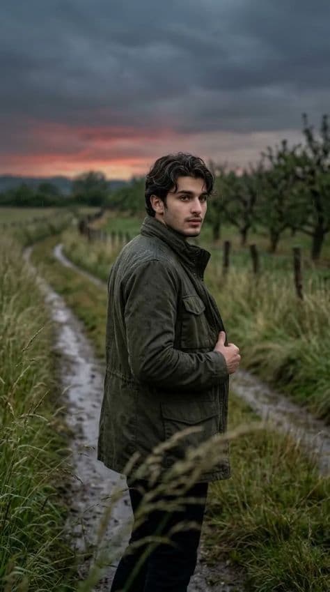 A person in a warm chunky cable-knit sweater standing in a windswept countryside orchard during autumn.
