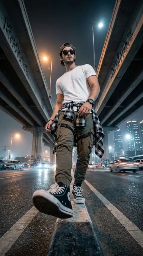A model in dark oversized cargo streetwear standing under massive concrete freeway pillars at night.