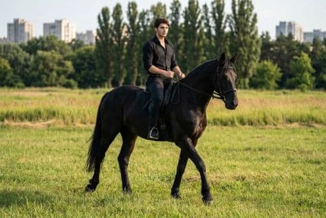 A skilled rider on a magnificent black horse galloping across a lush green countryside field.