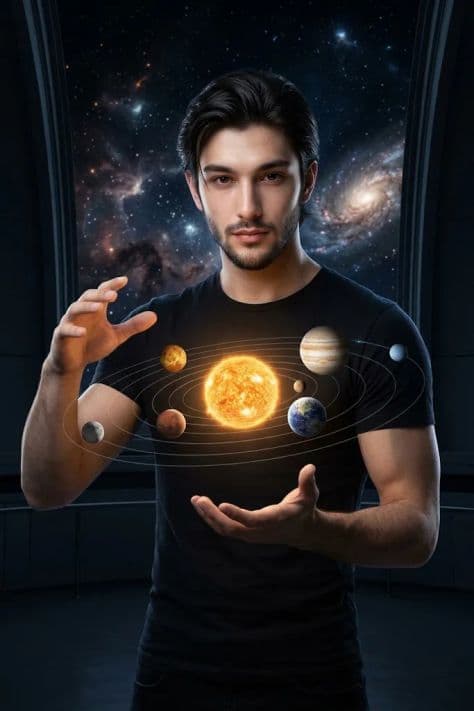An astronomer standing beneath the open dome of a giant optical telescope surrounded by starlight.