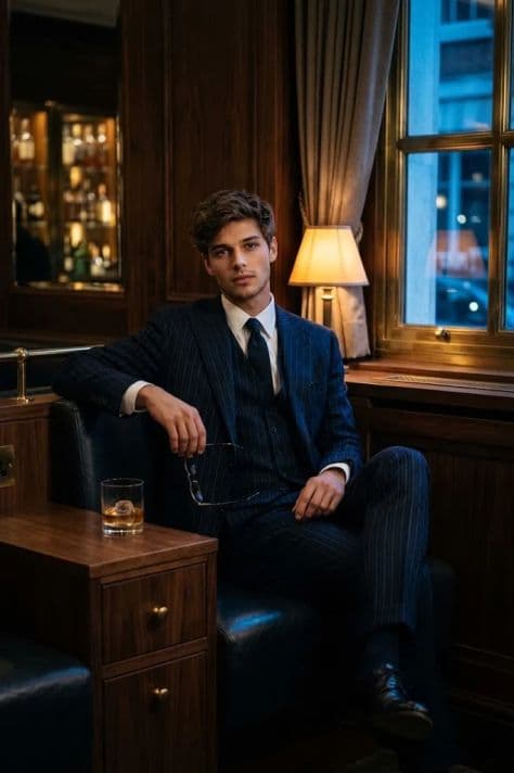 A distinguished gentleman wearing an emerald velvet jacket relaxing in a leather armchair inside an exclusive club.
