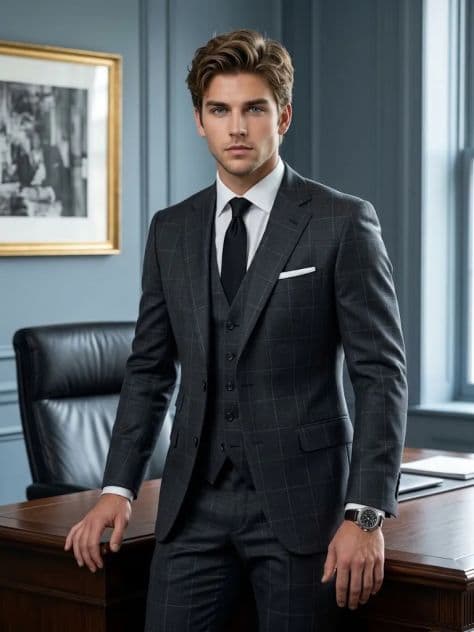 A senior executive seated in an understated walnut-paneled private office with tailored business attire.