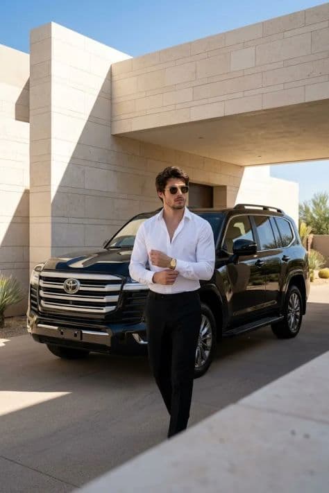 A black Toyota Land Cruiser 4x4 parked in the driveway of a minimalist luxury desert villa.