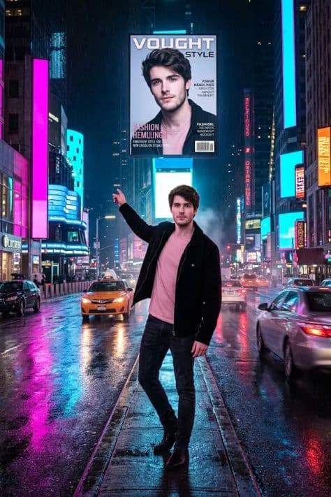 A person in a dark coat holding an umbrella on a rain-slick city sidewalk illuminated by colorful neon signs.