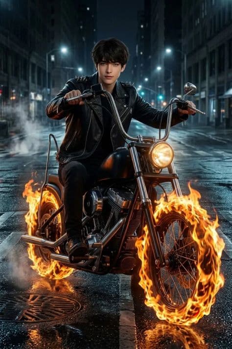 A rugged rider astride a custom matte-black chopper motorcycle with subtle amber embers in the background.