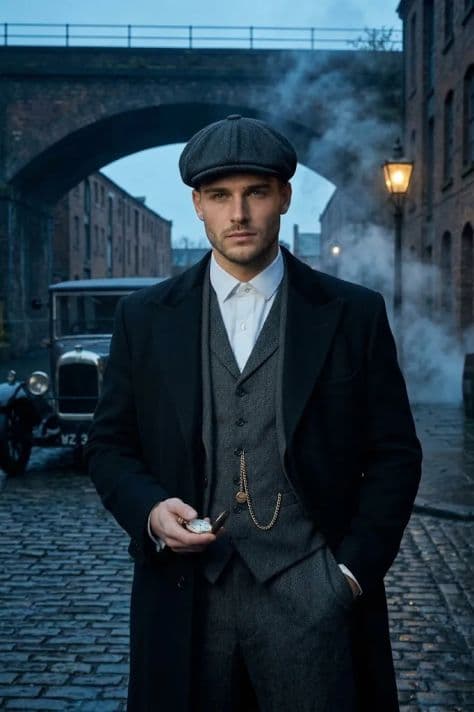 A 1920s gang leader wearing a tweed flat cap and heavy overcoat standing in a moody industrial brick alley.