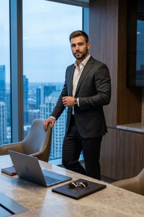 A poised executive standing beside floor-to-ceiling windows overlooking a panoramic metropolis skyline.