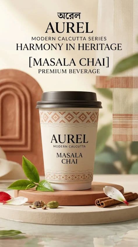 A frosted glass bottle of spiced Bengali milk tea surrounded by cinnamon sticks and cardamom on a rustic wooden table.