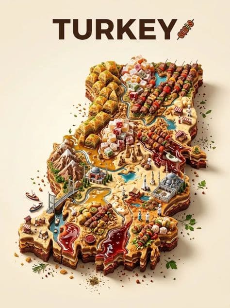 A vibrant 3D isometric miniature floating island whose terrain and mountains are carved from gourmet foods and dishes.