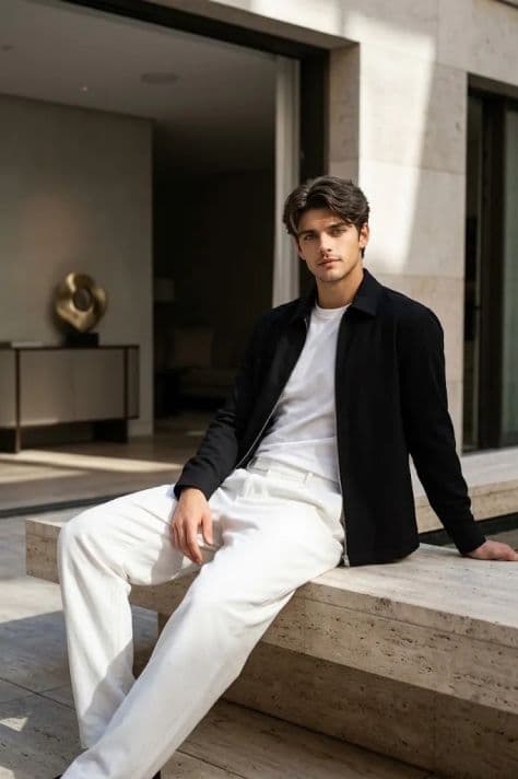 A relaxed man seated on a smooth travertine stone bench in the sunlit courtyard of a modern Mediterranean hotel.