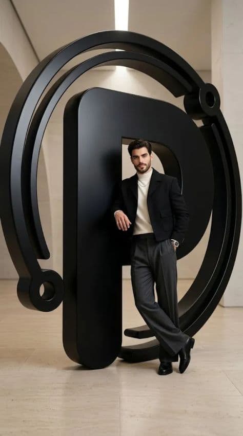 A polished 3D liquid-chrome PromptLabHub monogram hovering over a dark minimalist pedestal in studio lighting.